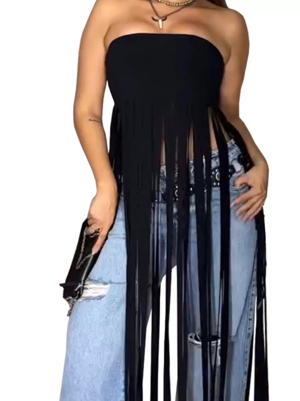 Trendsi fringe trim tube top with rings, featuring a stylish design and decorative fringe detail on a lightweight fabric.
