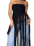 Trendsi fringe trim tube top with rings, featuring a stylish design and decorative fringe detail on a lightweight fabric.