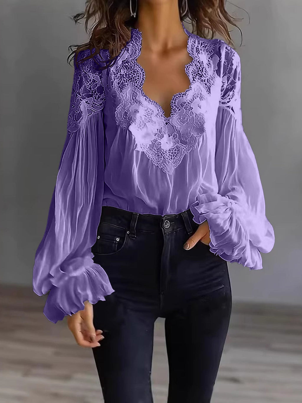 Lace-panel puff sleeve pleated ruffle ballet-style shirt from Plush Fashion Hub, featuring delicate lace details and flowing fabric.