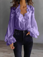 Lace-panel puff sleeve pleated ruffle ballet-style shirt from Plush Fashion Hub, featuring delicate lace details and flowing fabric.