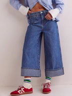 Light blue Plush Fashion Hub wide-leg cropped denim jeans with relaxed fit and frayed hem, displayed on a plain white background.