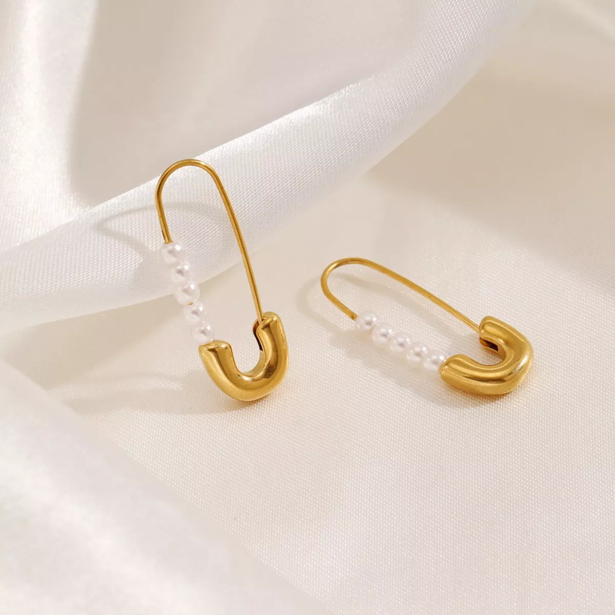 Shopimist Safety Pin Pearl Accent Earrings featuring gold-tone safety pins with elegant pearl embellishments.