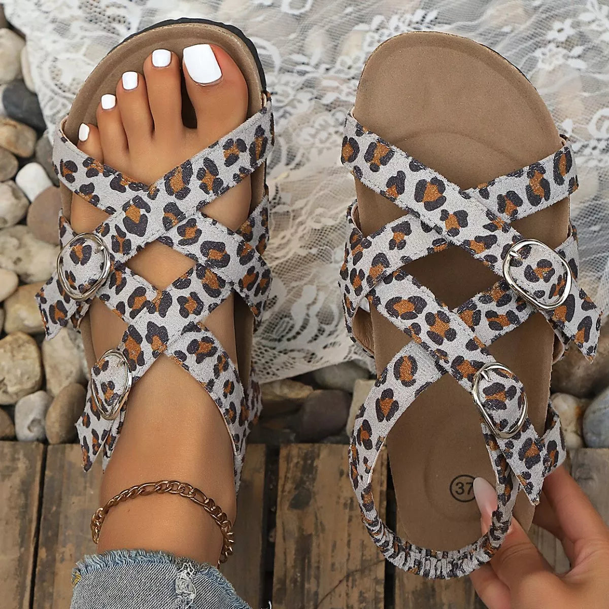 Leopard buckle platform sandals by Shopimist featuring animal print straps and chunky heels for a bold, stylish look.