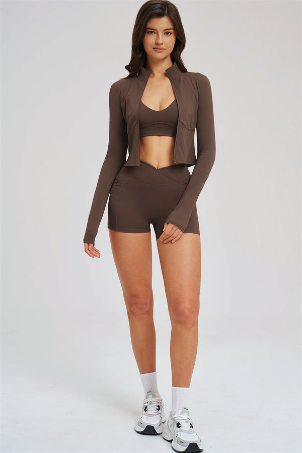 Fitglutes Activewear sports bra, zip jacket, and shorts 3-piece set for workout and gym activities.