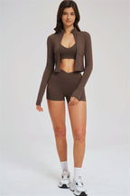Fitglutes Activewear sports bra, zip jacket, and shorts 3-piece set for workout and gym activities.