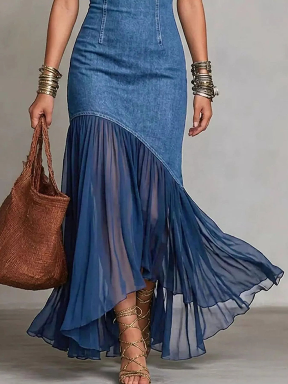 Plush Fashion Hub mock neck cold shoulder maxi dress with ruffle hem, featuring a stylish and flowing design for elegant wear.