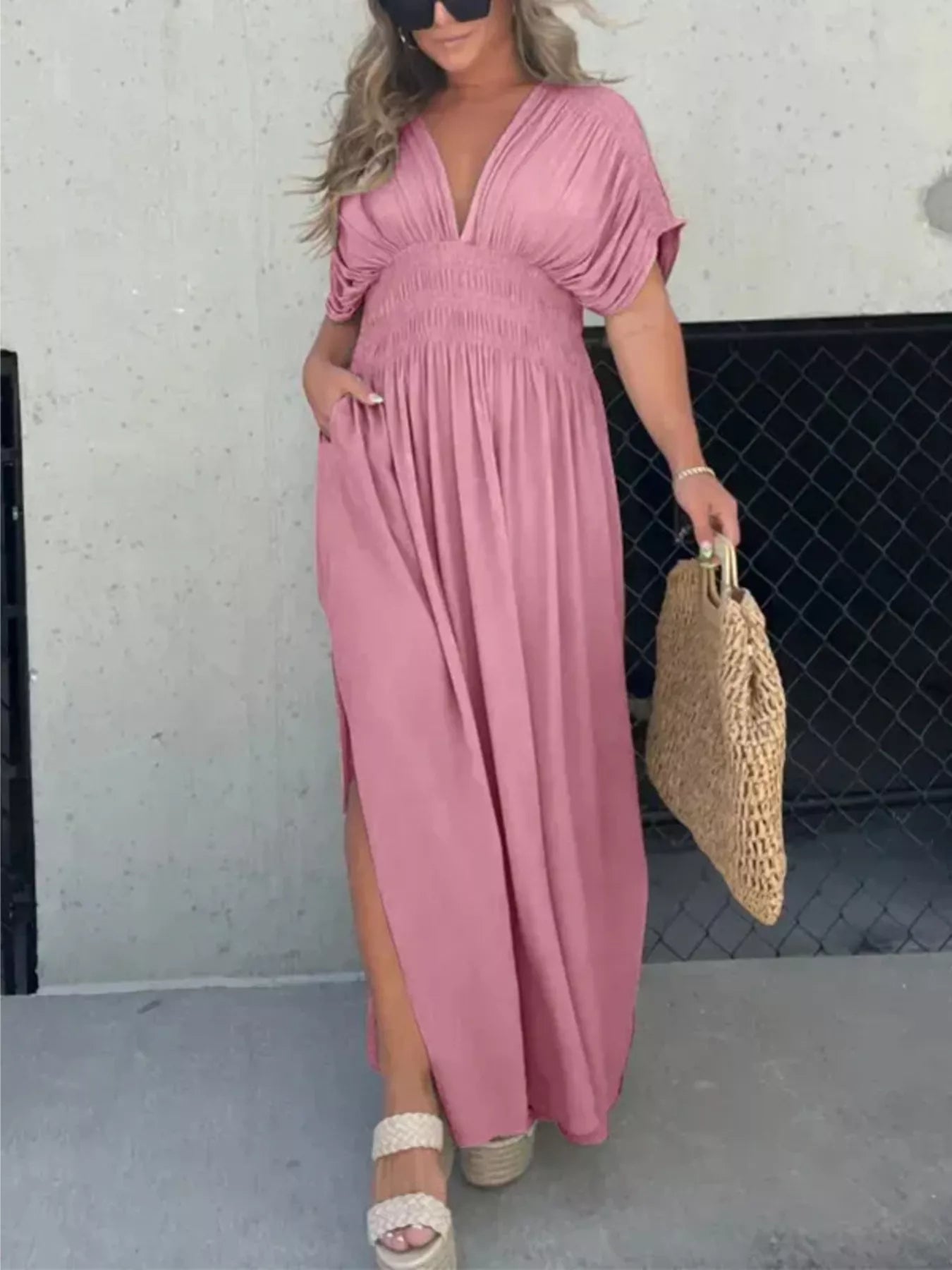 Full size slit V-neck smocked waist maxi dress by Trendsi, featuring a flowing silhouette and stylish design for plus size women.