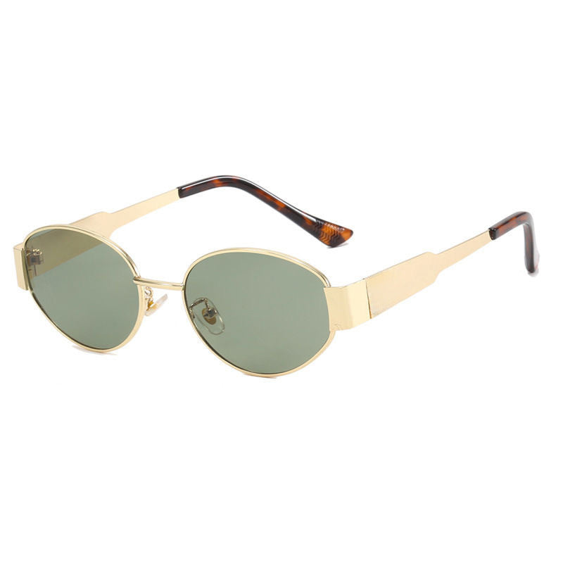 Vintage oval sunglasses with light gold and silver frames, stylish eyewear by Plush Fashion Hub
