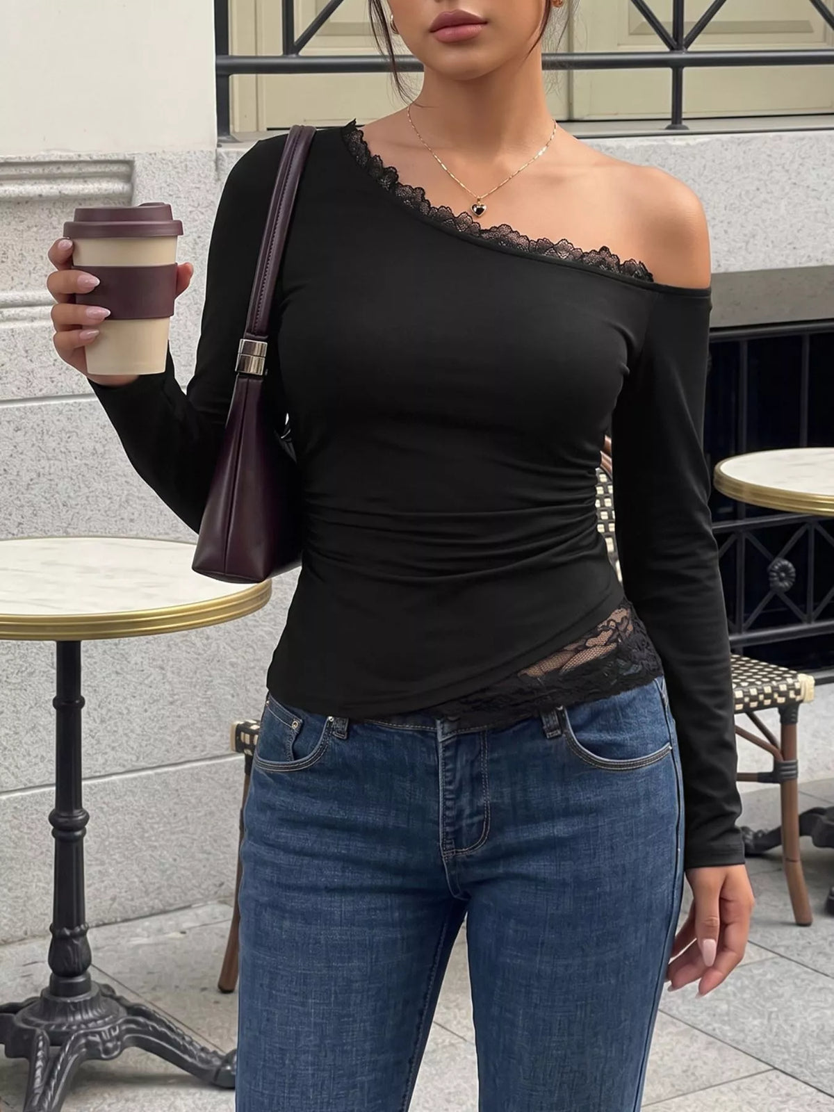 Black one-shoulder lace trim slim fit T-shirt by Trendsi, featuring a stylish design and fitted silhouette in the image.