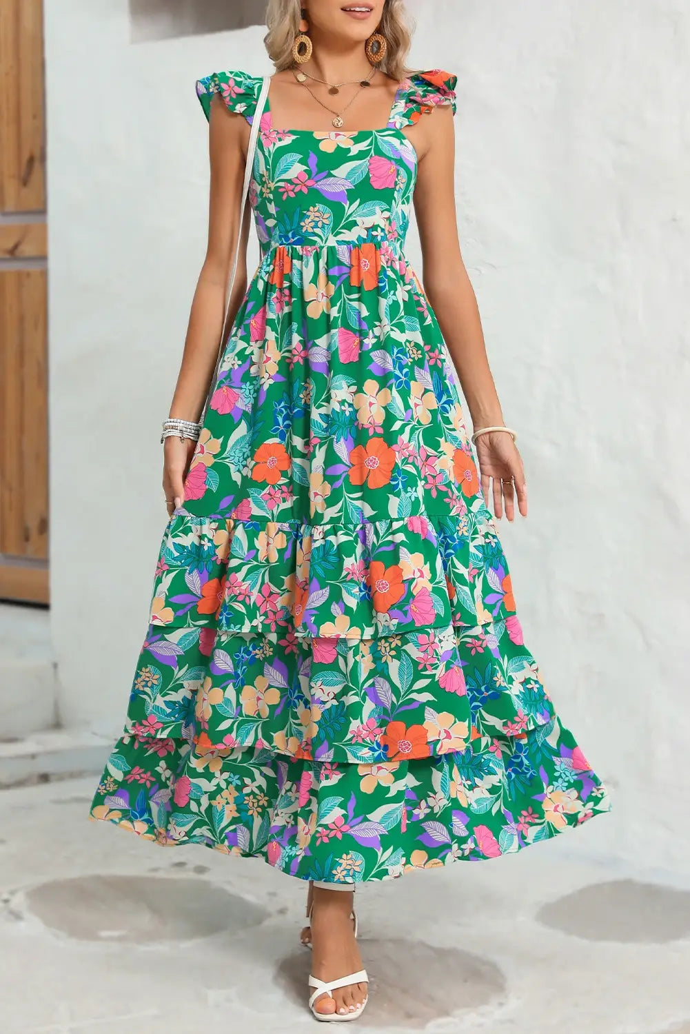 Floral Ruffle Green Tiered Maxi Dress Pretty Little Patriot