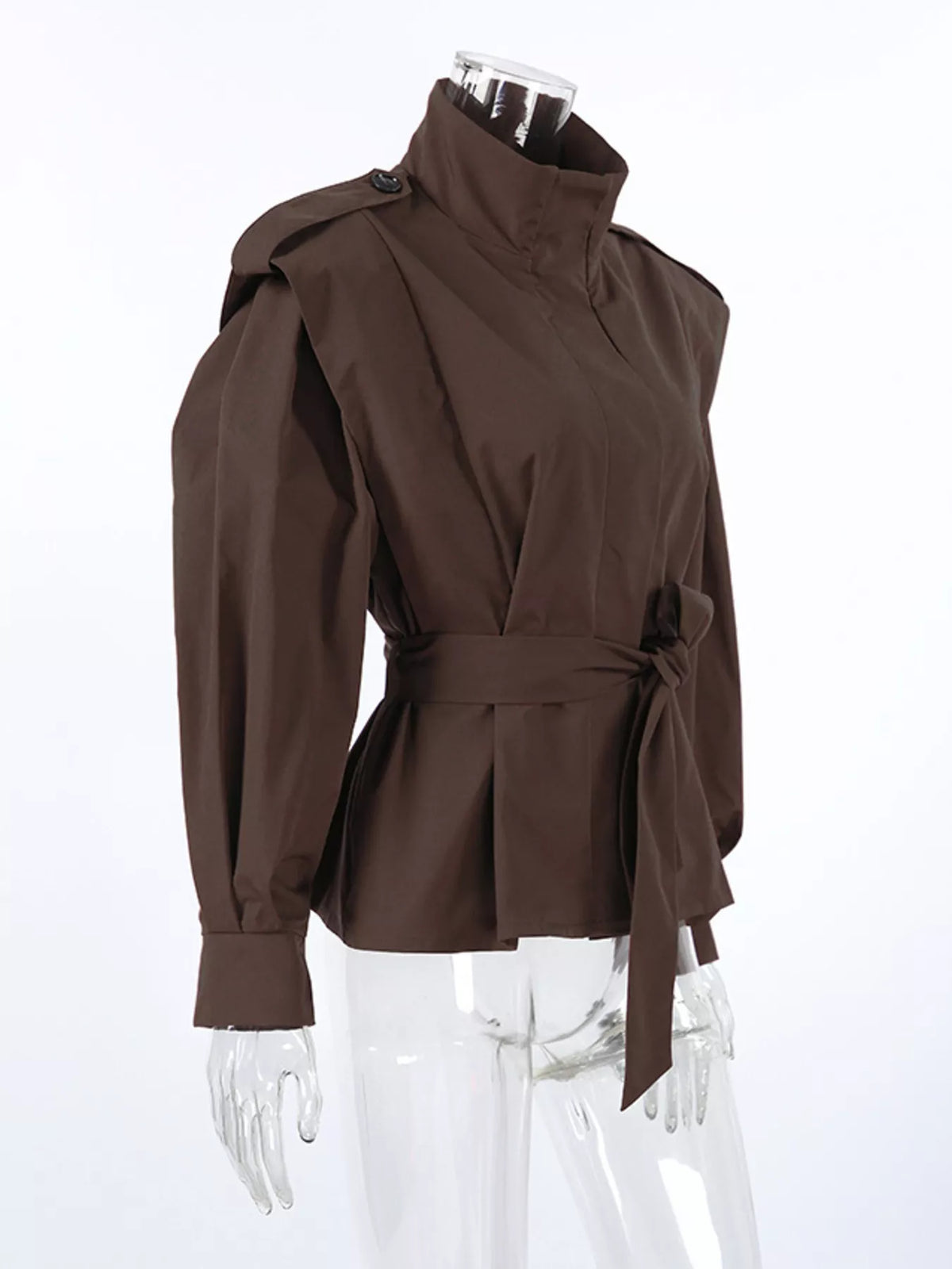 Trendsi stand-collar belted outerwear jacket featuring a stylish design and adjustable belt for a chic, modern look.