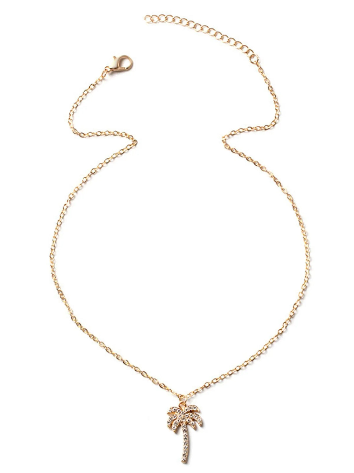 Zircon palm tree pendant necklace in silver, featuring sparkling stones, from Plush Fashion Hub.