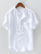 Men's casual cotton blend short sleeve button-down shirt with front pocket, stylish and comfortable men's shirt from Trendsi.