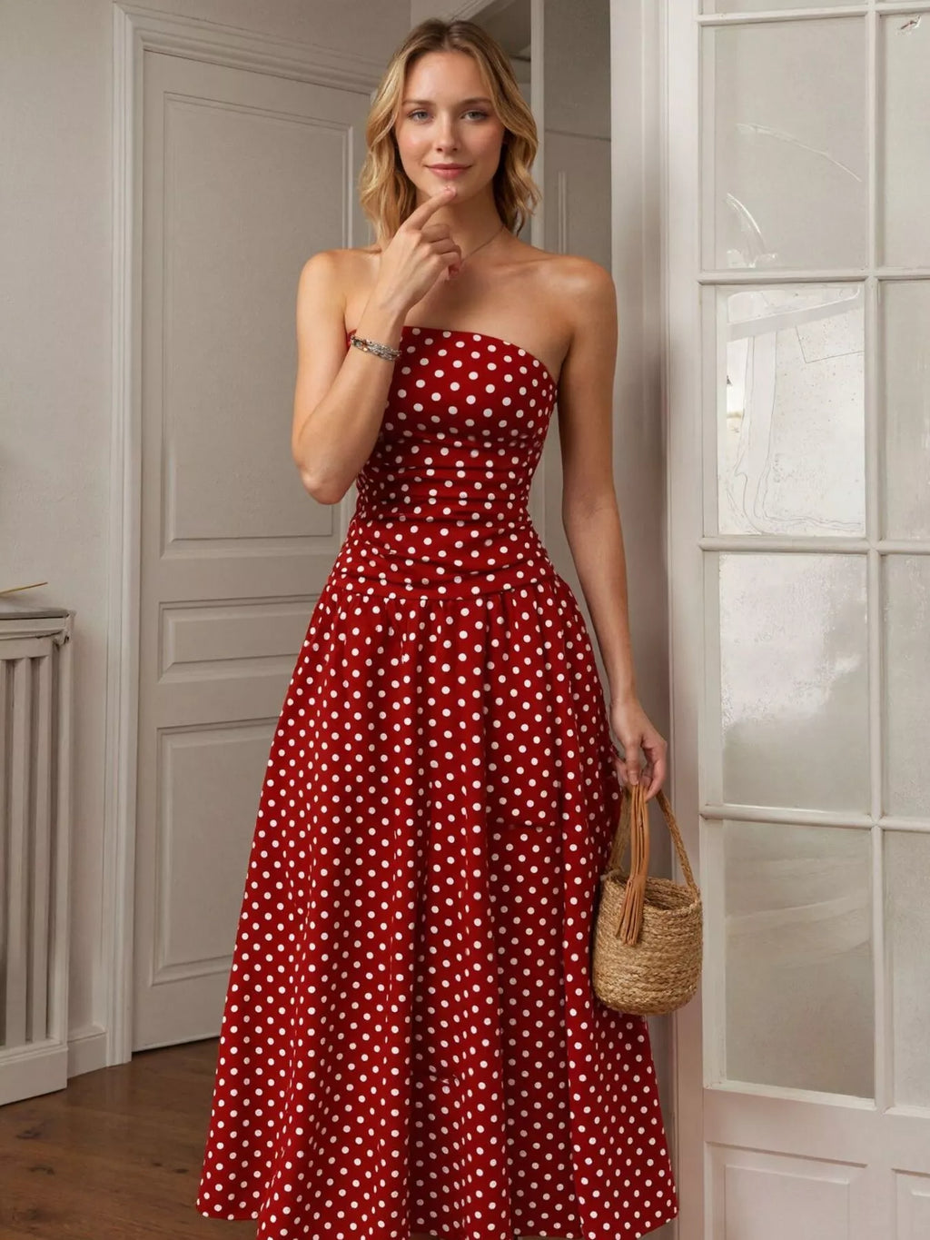 Polka dot strapless maxi dress by Shopimist featuring a flowing silhouette and vibrant pattern, perfect for summer occasions.