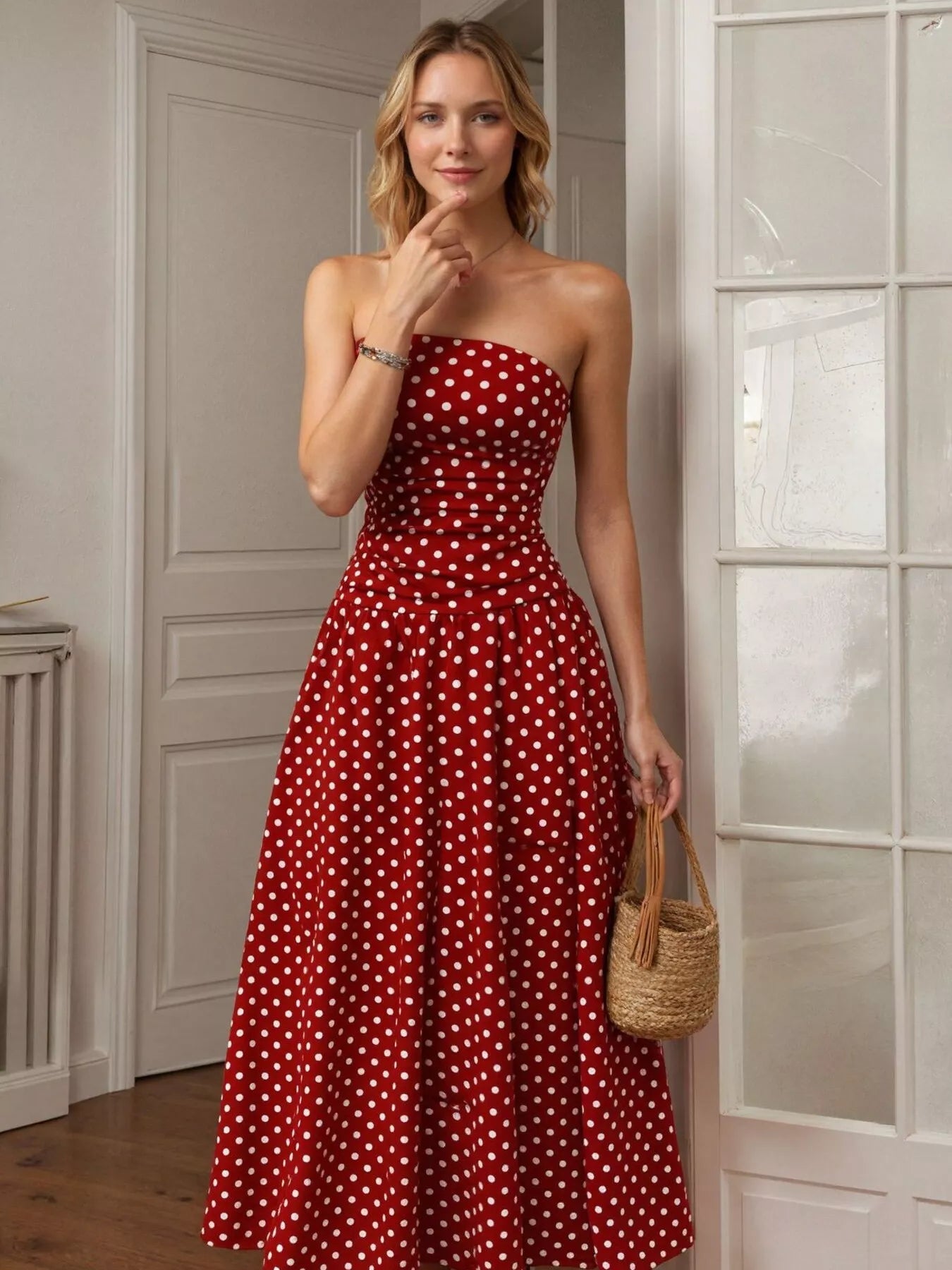 Polka dot strapless maxi dress by Shopimist featuring a flowing silhouette and vibrant pattern, perfect for summer occasions.