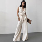 Women's lace-up V-neck vest and pants two-piece set by FitiqueFit, featuring elegant design and comfortable fit.
