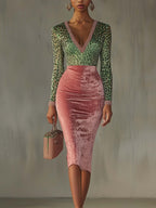 Shiny, stretchy velvet bodycon high-waist mermaid skirt in deep emerald green from Plush Fashion Hub.