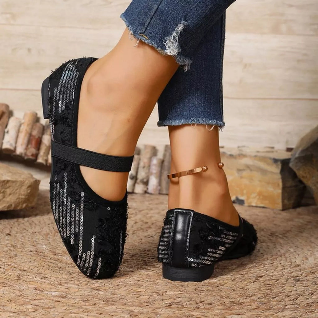 Women's sparkling sequin slip-on flats with round toes, stylish and comfortable shoes from Trendsi featuring glamorous design.