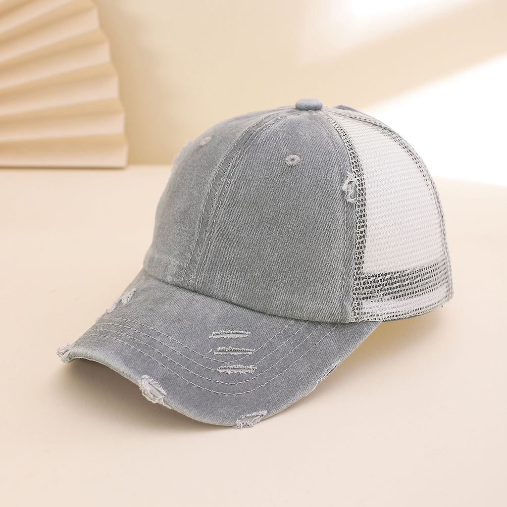 Distressed washed mesh baseball cap by Plush Fashion Hub, frayed unisex hat ideal for outdoor and daily casual wear.