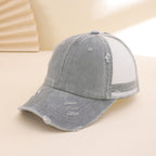Distressed washed mesh baseball cap by Plush Fashion Hub, frayed unisex hat ideal for outdoor and daily casual wear.