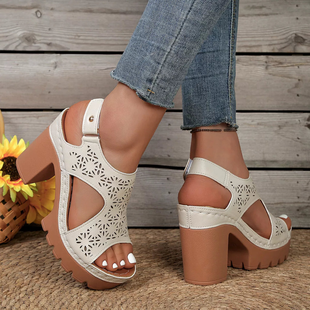Shopimist open toe block heel sandals showing stylish tan straps and chunky heel on a white background.