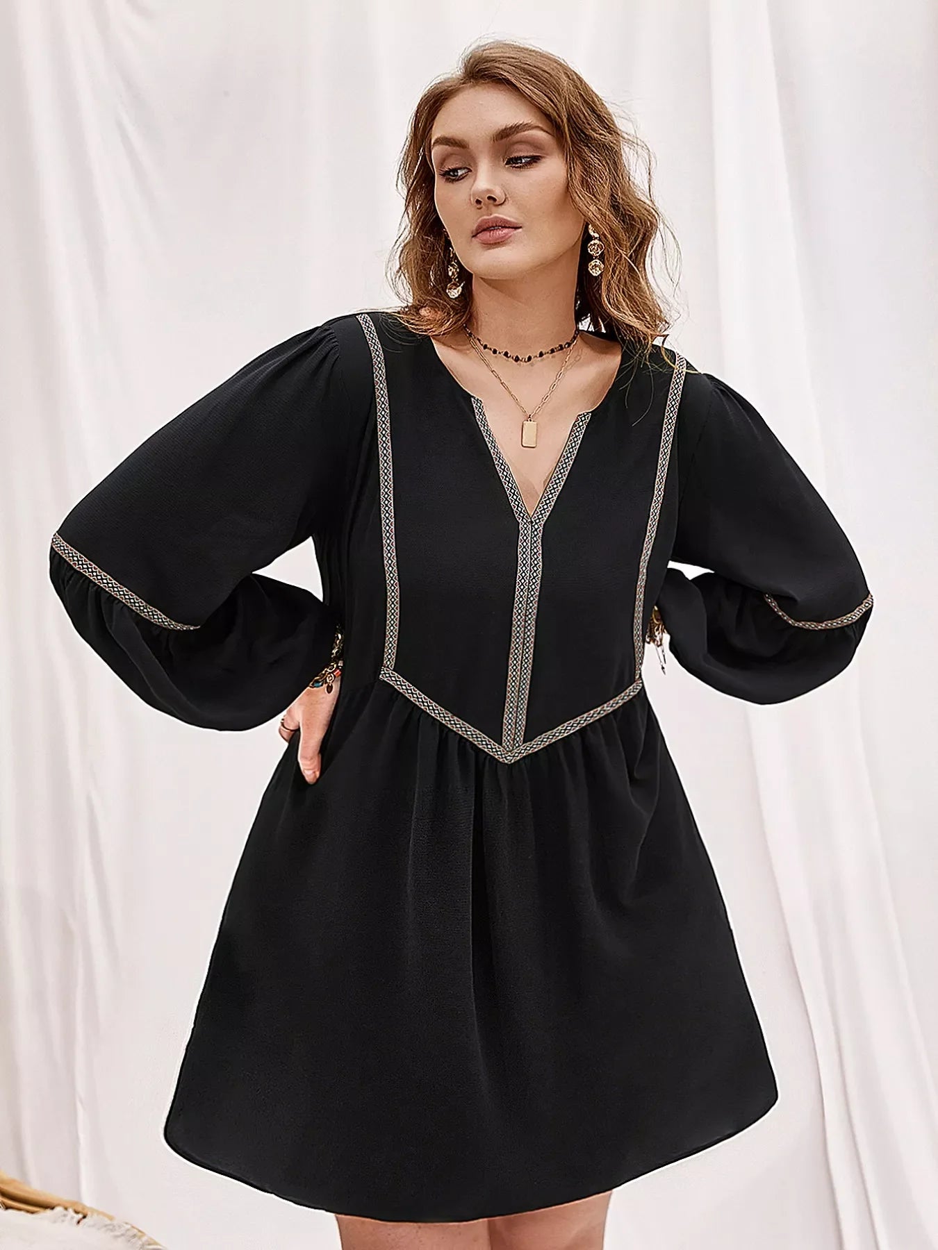 Plus size notched balloon sleeve mini dress by Shopimist, featuring a stylish silhouette and fashionable design in the image.