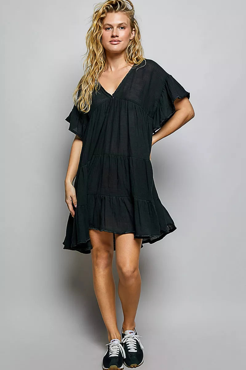 Shopimist POL ruffle shirred V-neck short sleeve cotton dress displayed with ruffled details and a flattering fit.
