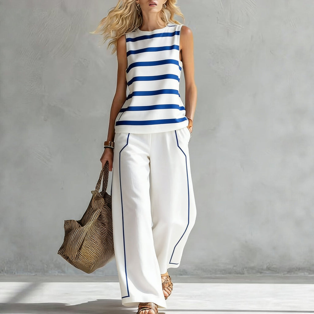 Women’s sleeveless printed tank top and wide-leg pants two-piece casualwear set by Plush Fashion Hub, shown on a model.