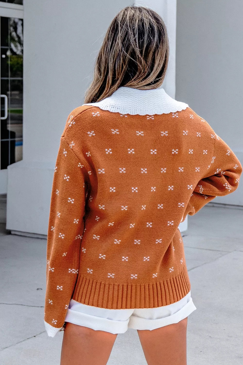 Colorblock Peter Pan collar long sleeve knit cardigan for women, featuring trendy design and cozy knit fabric.