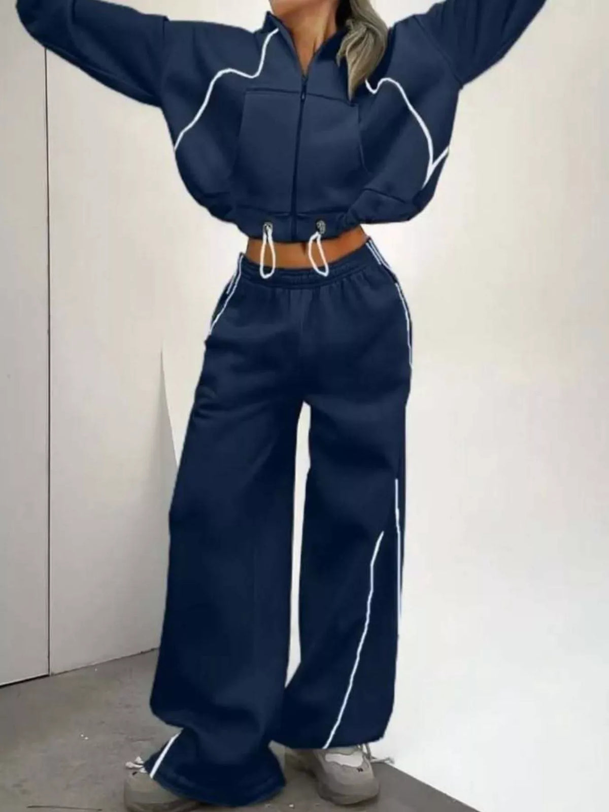 Trendsi cropped zip-up hoodie and wide-leg sweatpants lounge set, showing the stylish, comfortable matching hoodie and pants ensemble.