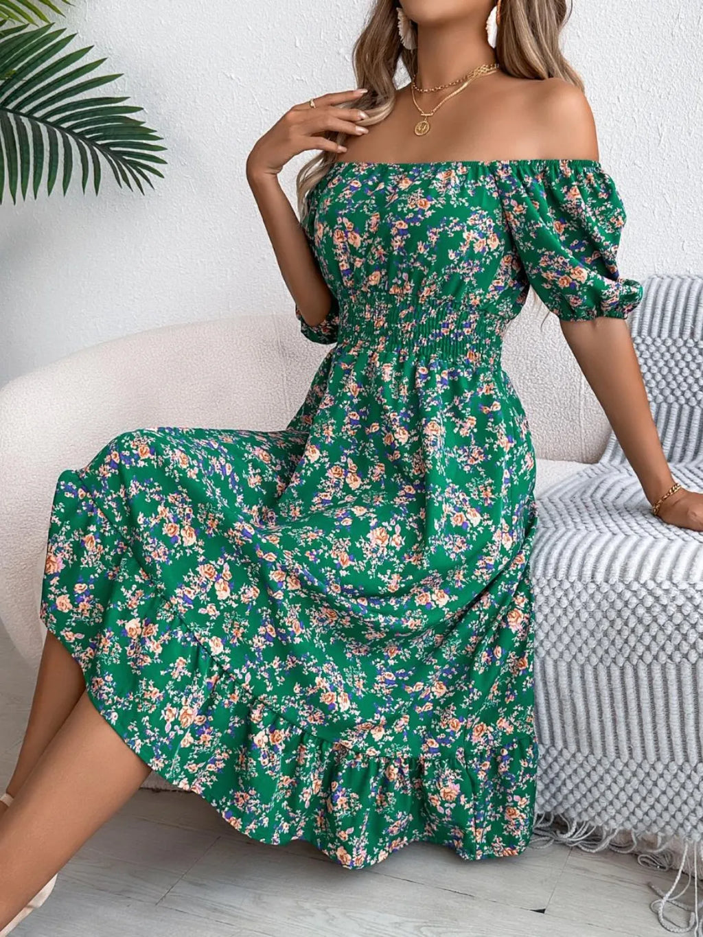 Floral puff sleeve dress with ruffled hem from Shopimist, showcasing a feminine design with soft fabric and vibrant flower patterns.