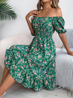 Floral puff sleeve dress with ruffled hem from Shopimist, showcasing a feminine design with soft fabric and vibrant flower patterns.