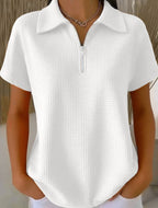 Plush Fashion Hub drop shoulder half-zip waffle knit top with 3/4 sleeves, showcasing a cozy, textured pullover design.
