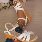 Shopimist open toe wedge sandals featuring a natural cork wedge heel and stylish straps for a comfortable summer look.