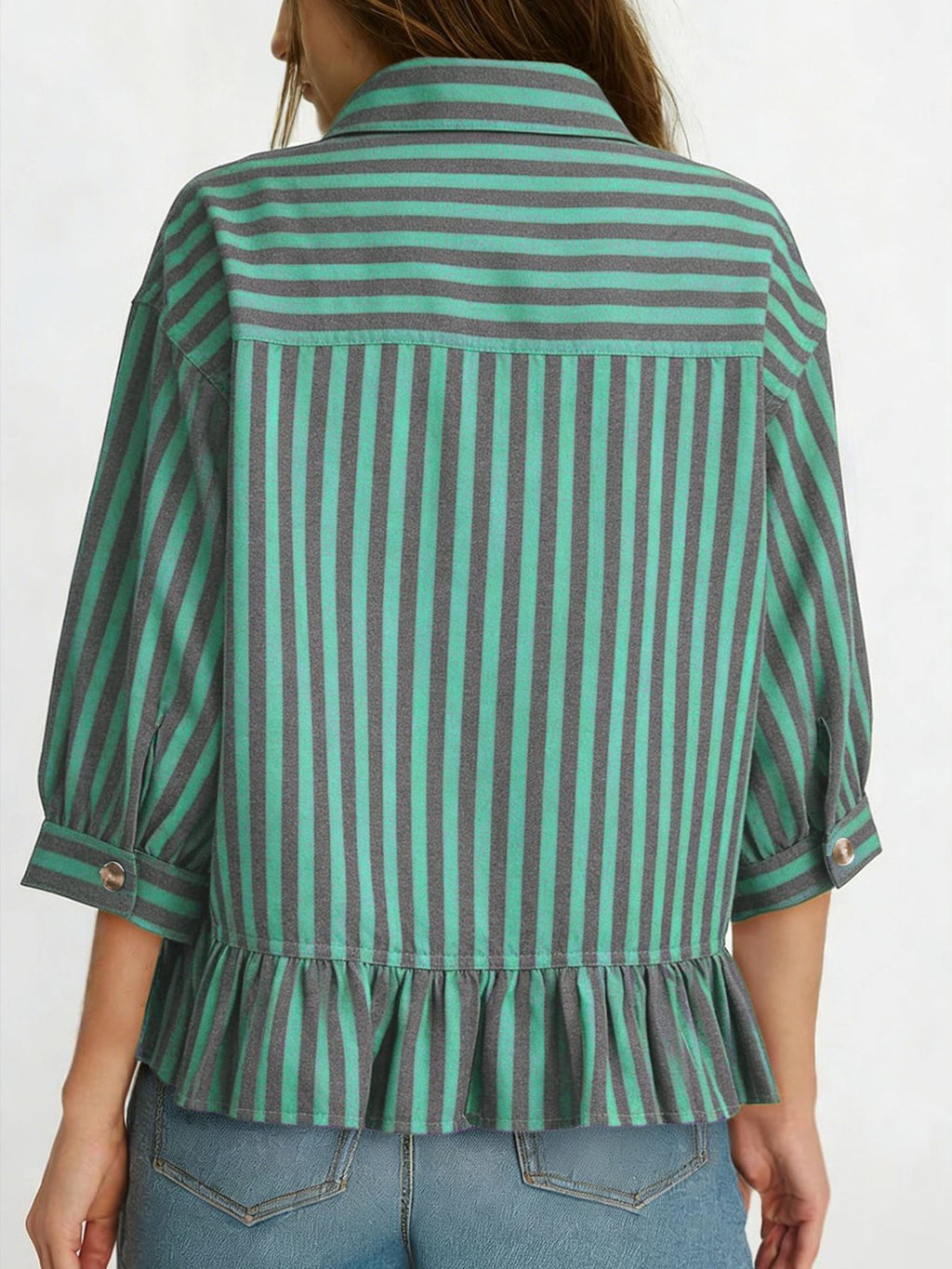 Women's striped button-down blouse with ruffled hem, lightweight viscose material, stylish and casual for everyday wear.