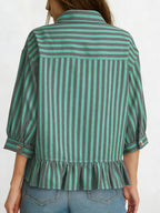 Women's striped button-down blouse with ruffled hem, lightweight viscose material, stylish and casual for everyday wear.