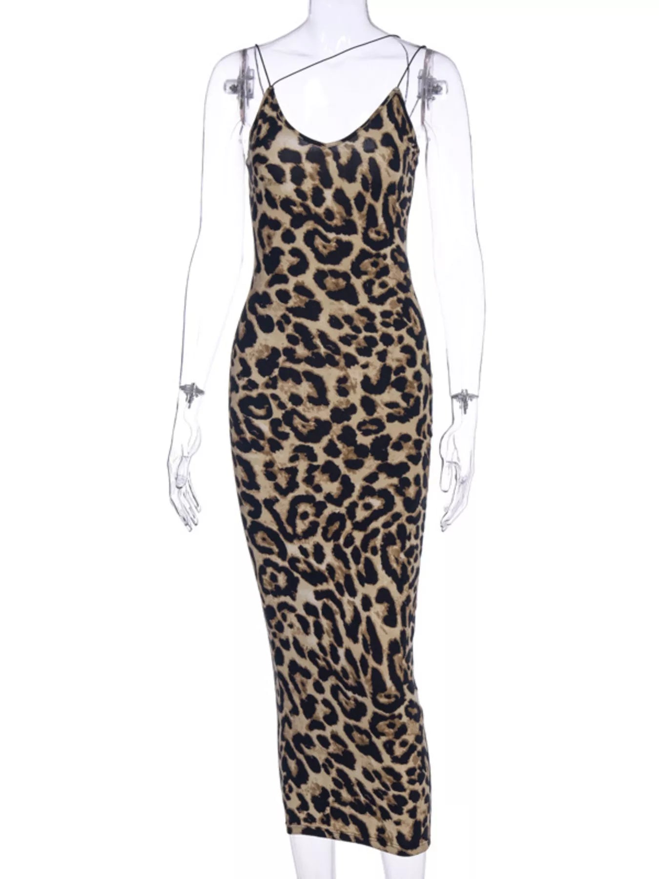 Leopard print spaghetti strap midi dress by Shopimist, flowing fabric, fitted bodice, and stylish ankle-length silhouette.