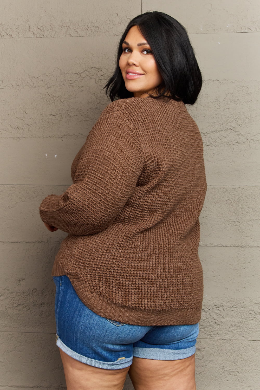 Plus size Zenana waffle knit sweater with high-low hem, breezy and comfortable, featuring a cozy waffle pattern and relaxed fit.