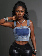 Cropped denim top with adjustable straps from Plush Fashion Hub, featuring a stylish fit and classic blue denim fabric.