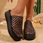 Shopimist woven design platform sandals with chunky heel and open toe, featuring braided straps and neutral tones.