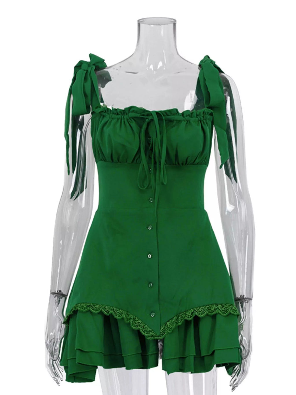 Shopimist tie-shoulder ruffled mini dress with a fitted bodice and flared skirt, featuring playful ruffle details and a stylish design.