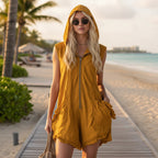 Women's retro hooded sleeveless cropped jumpsuit by FitiqueFit, featuring a zip-up front and casual fit in soft fabric.