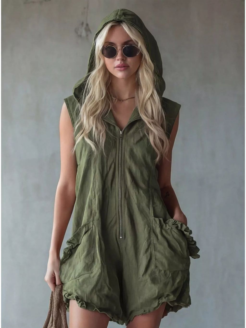 Full size hooded sleeveless zipper romper with ruffled pockets from Shopimist, featuring a casual jumpsuit design in plus size.
