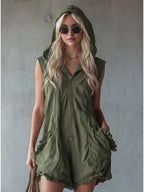 Full size hooded sleeveless zipper romper with ruffled pockets from Shopimist, featuring a casual jumpsuit design in plus size.