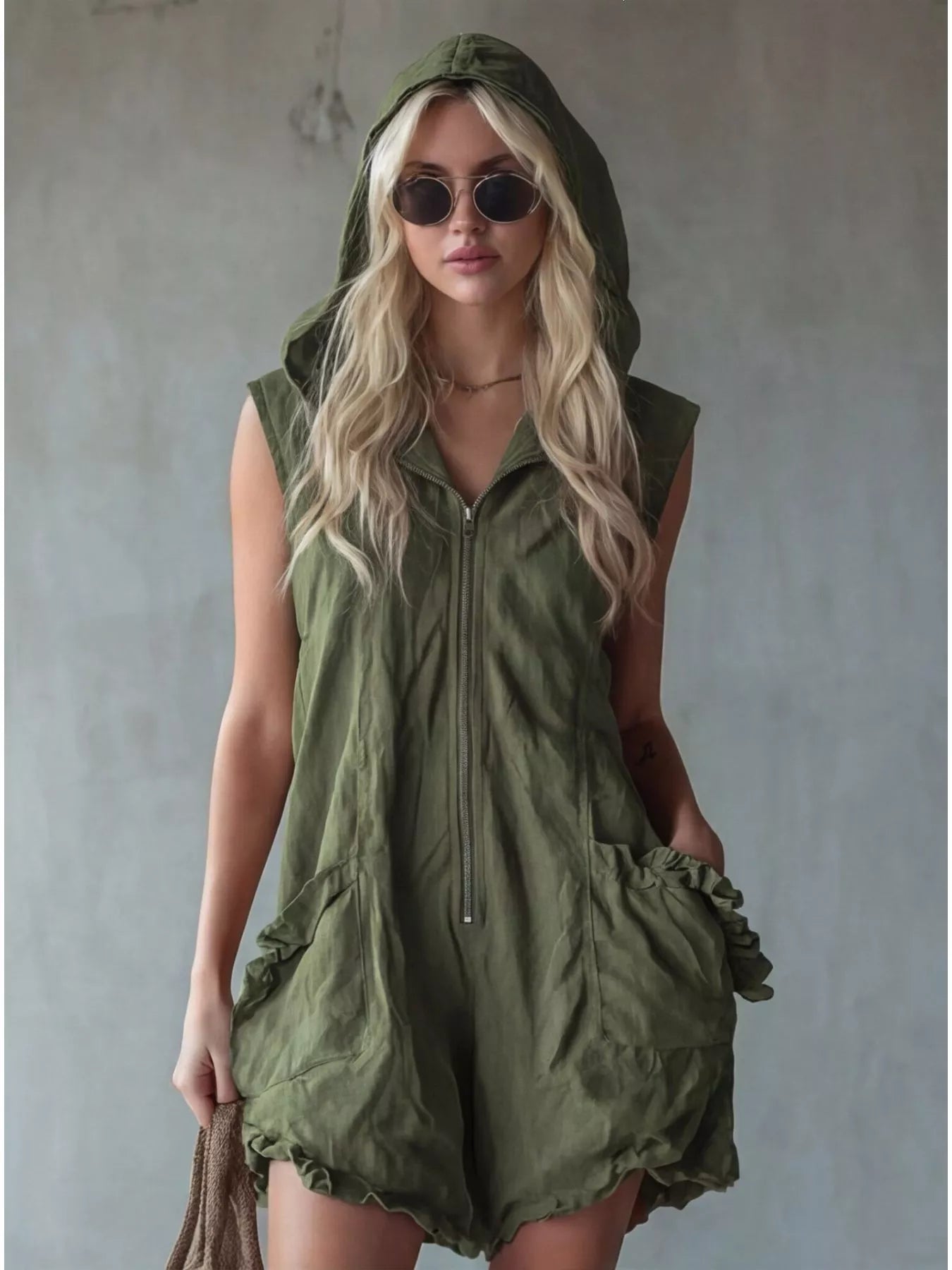 Full size hooded sleeveless zipper romper with ruffled pockets from Shopimist, featuring a casual jumpsuit design in plus size.