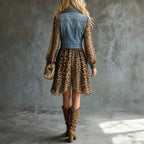 Women's denim-look chiffon patchwork maxi dress by FitiqueFit with long sleeves and flowing silhouette.