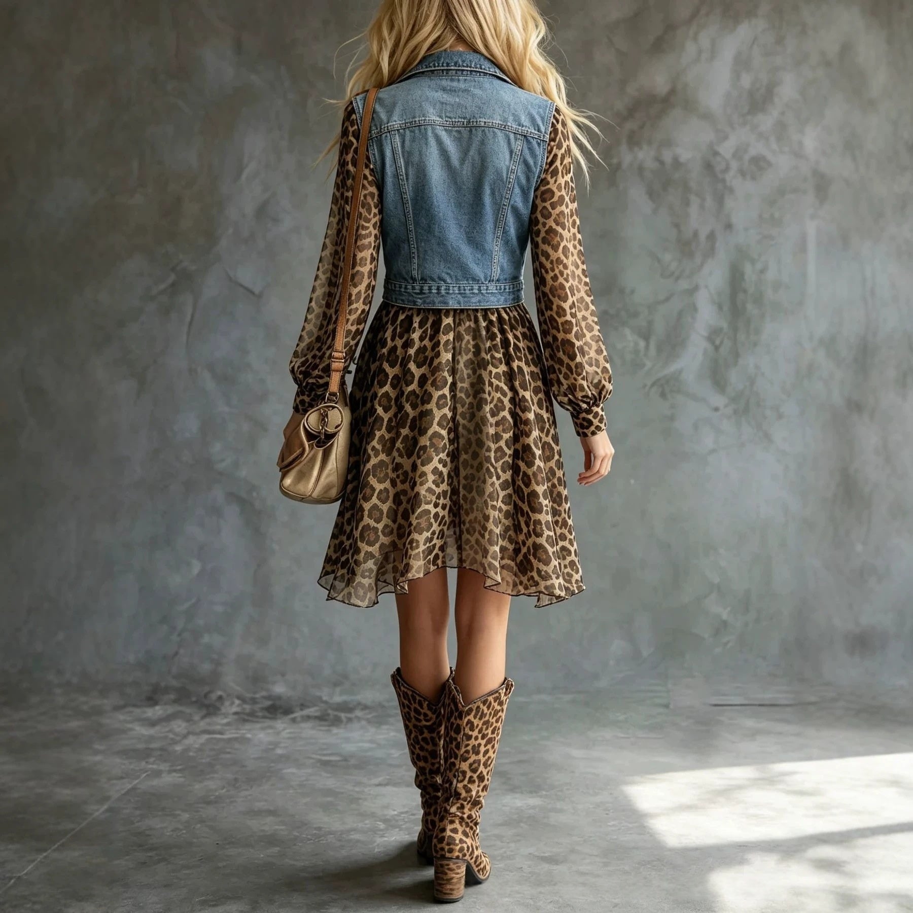 Women's denim-look chiffon patchwork maxi dress by FitiqueFit with long sleeves and flowing silhouette.
