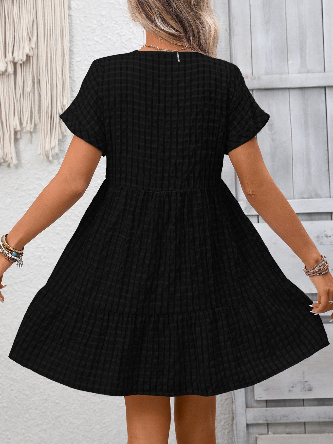 Plush Fashion Hub plaid v-neck mini dress with ruffle hem, lightweight seasonal fashion, stylish and feminine design.