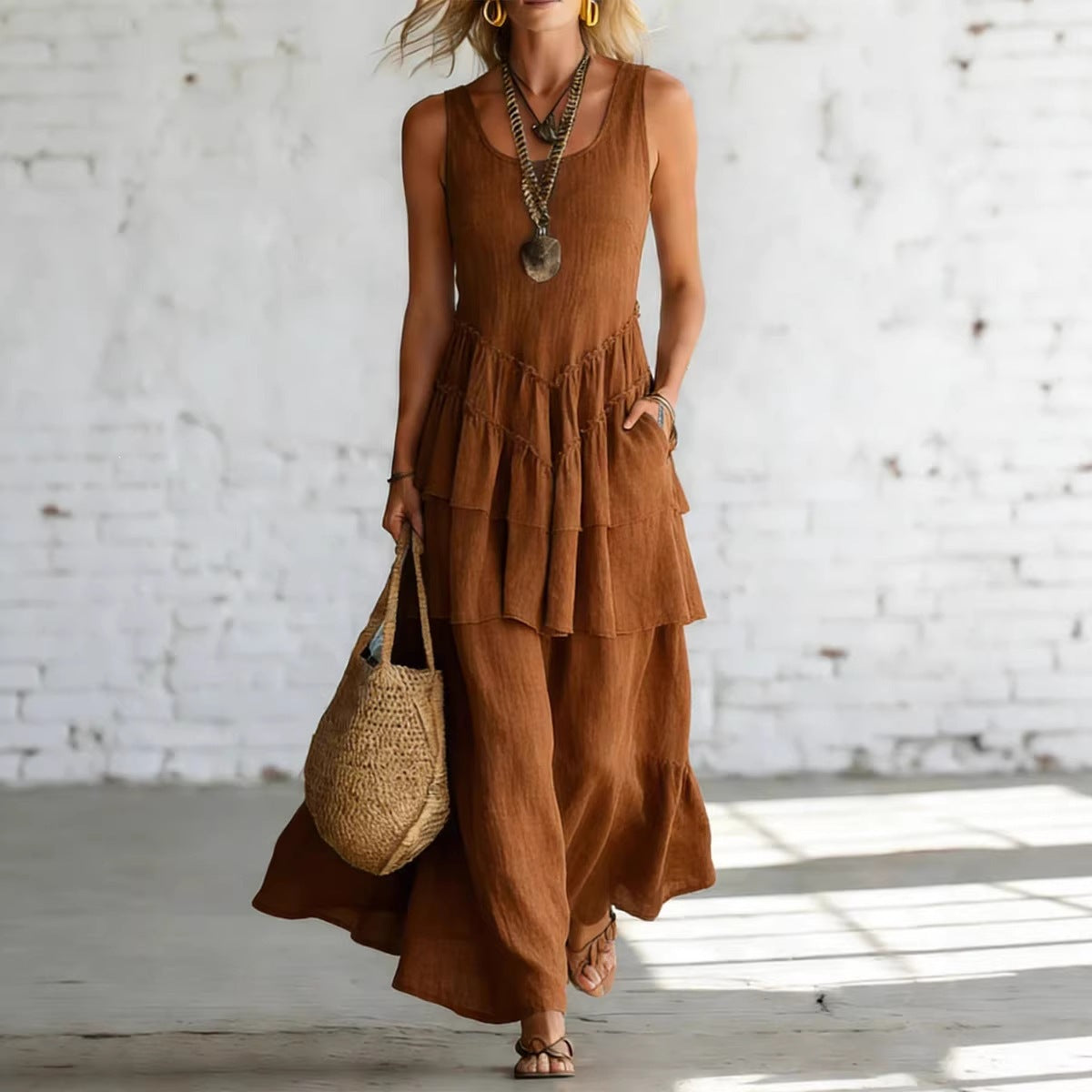 Women's cotton linen sleeveless maxi dress from FitiqueFit, casualwear with a loose fit and flowing silhouette, perfect for warm weather.