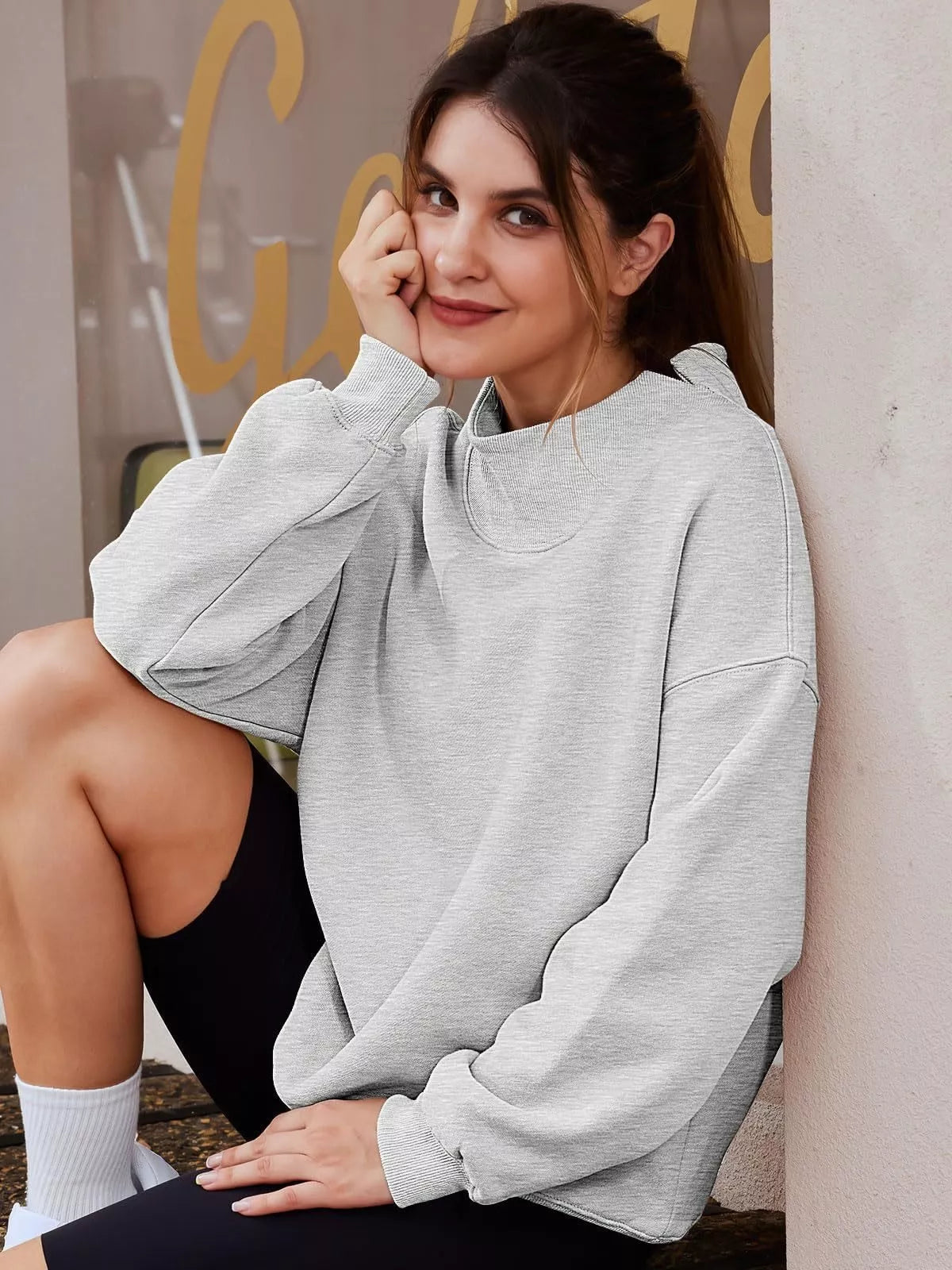 Women's oversized mock neck sweatshirt with dropped shoulders, casual fit, in soft fabric, by Trendsi.